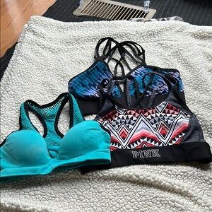 3 PINK Victoria's Secret Women's Sports Bra Set - Teal, Black, and Multicolor